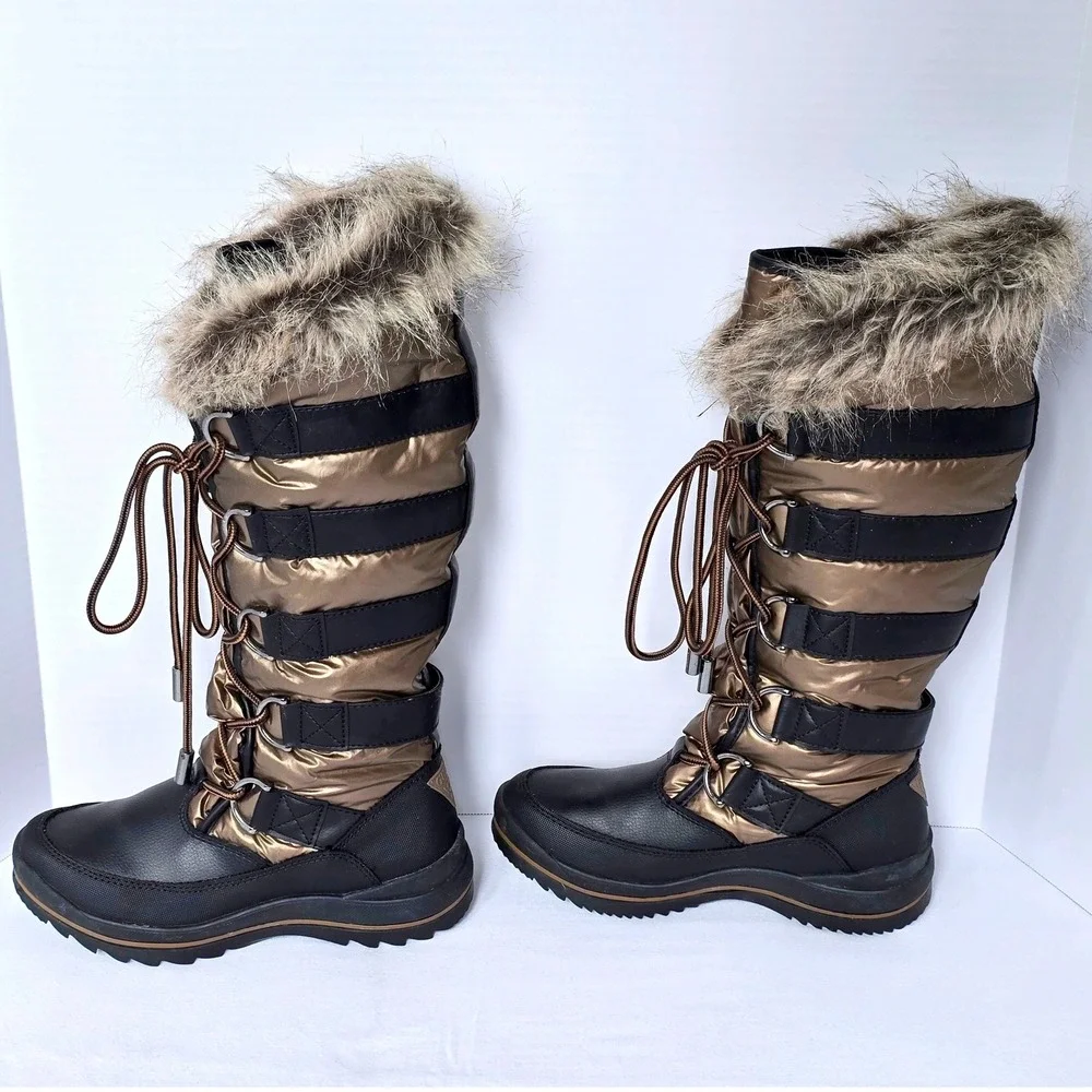 GUESS Hadly Womens Size 7M Tall Winter Boots Bronze Black Faux Fur Lace Up